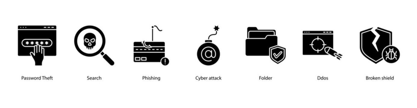 Cyber Attacks web banner icon vector illustration featuring Password Theft, Search, Phishing, Cyber Attack, Folder, DDoS, and Broken Shield.