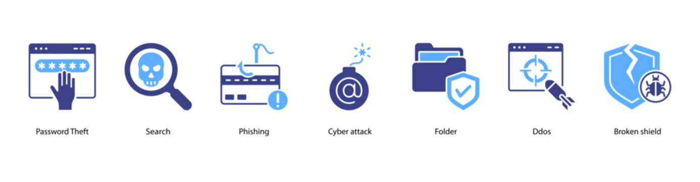 Cyber Attacks web banner icon vector illustration featuring Password Theft, Search, Phishing, Cyber Attack, Folder, DDoS, and Broken Shield.