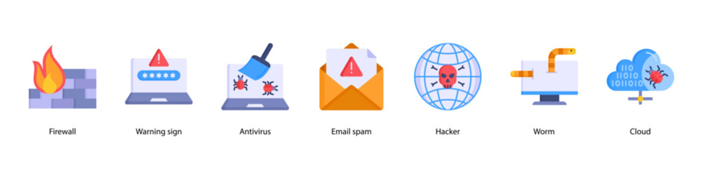 Network Defense web banner icon vector illustration featuring Firewall, Warning Sign, Antivirus, E-mail Spam, Hacker, Worm, and Cloud.