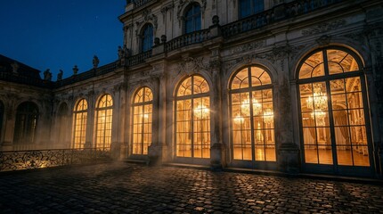 Obraz premium Elegant Palace Windows Illuminated at Dusk.