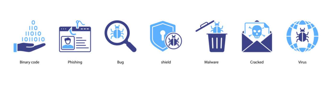 Cyber Forensics web banner icon vector illustration featuring Binary Code, Phishing, Bug, Shield, Malware, Cracked, and Virus.
