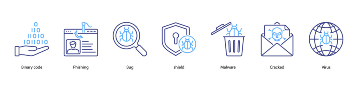 Cyber Forensics web banner icon vector illustration featuring Binary Code, Phishing, Bug, Shield, Malware, Cracked, and Virus.