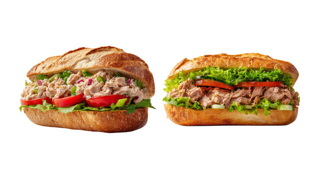 Gourmet tuna sub sandwiches in crispy baguette bread isolated on transparent background. Delicious submarine sandwich roll filled with tuna salad and fresh vegetables.