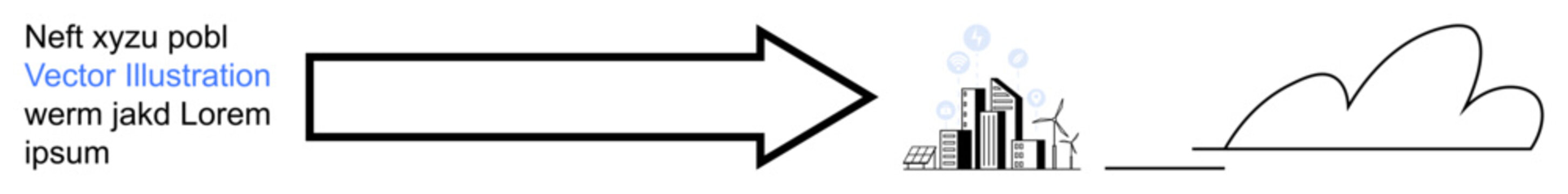 Business processes, data flow, urban development, migration, connectivity, communication. Large arrow pointing from text to buildings and cloud. Business processes and data flow