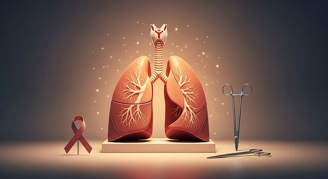 Detailed anatomical model of human lungs showing respiratory system structure, paired with a red awareness ribbon and surgical forceps against a soft glowing artistic background.