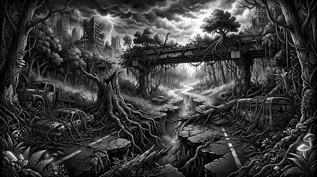 Dark monochromatic illustration of a desolate post-apocalyptic city, with gnarled roots reclaiming a crumbling highway and overgrown bridge under an ominous sky.