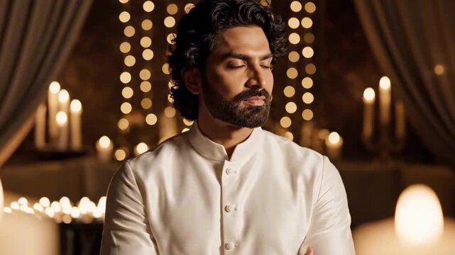 indian guy with shoulder-length curly wavy hair and trimmed beard wearing a white kurta in candlelit interior, serene portrait with golden bokeh, calm festive mood and refined traditional style.