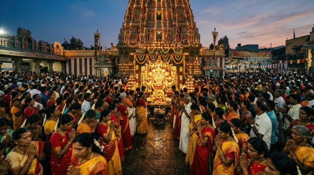 Hindu devotees praying at an illuminated temple during Aadi Velli festival in Tamil Nadu at dusk.