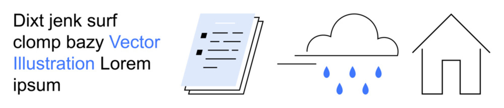 Document management, weather forecasting, climate impact, housing, rain protection, minimalism. A paper document, raincloud with drops and simple house icon. Document management and weather