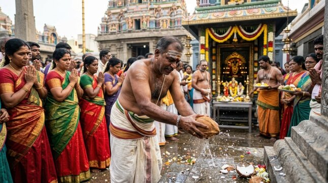 Devotee performing coconut breaking ritual at a Tamil Hindu temple shrine