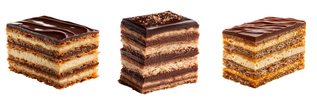 Opera cake slice, layered chocolate and coffee opera pastry dessert, isolated on transparent background