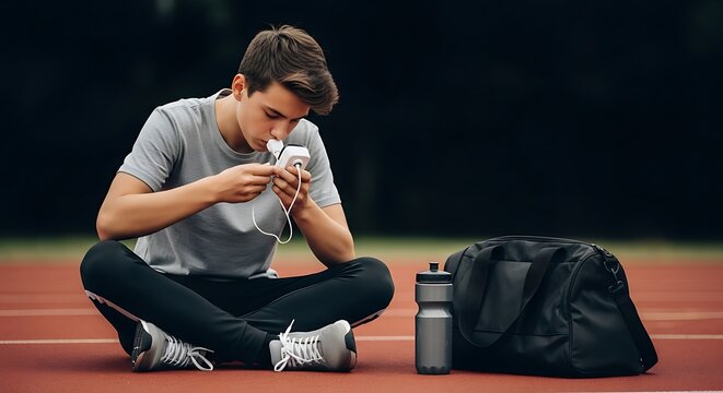 Young male athlete in grey t-shirt sitting on a red running track using a portable peak flow meter for respiratory health monitoring, featuring a black gym bag and water bottle.