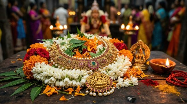 Traditional Hindu Goddess Offerings with Golden Necklace and Jasmine Garlands for Aadi Velli Festival Ritual in Tamil Nadu Temple