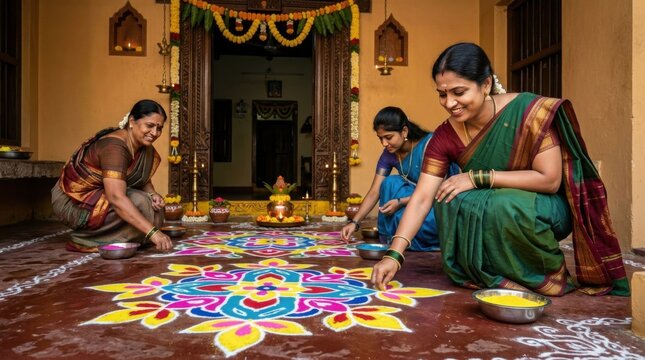 Three Indian women in sarees creating colorful rangoli kolam at a temple entrance for Aadi Velli festival.