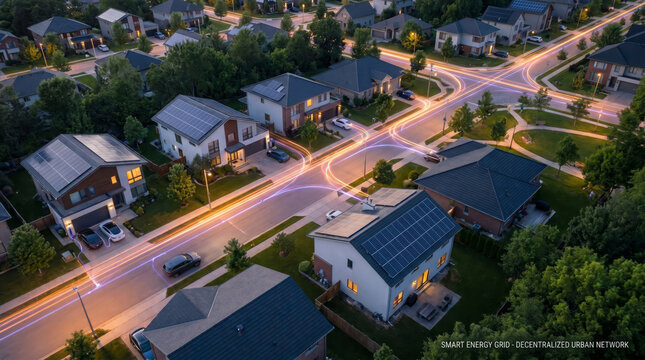 Aerial view of modern suburban neighborhood with solar panels on houses and cars driving on streets at dusk with light trails