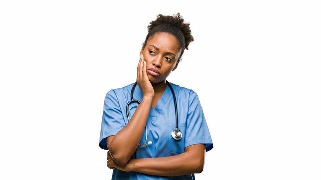 A concerned nurse in blue scrubs looks stressed while recording a healthcare