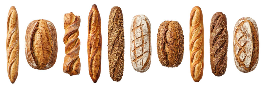 Artisan Bread Assortment: Baguettes, Loaves, and Twisted Rolls on White Background