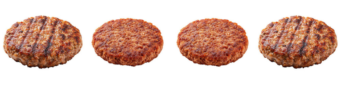Grilled beef burger patties isolated on transparent background. Round minced meat cutlets with distinct char marks prepared for backyard barbecue cooking or hamburger assembly.