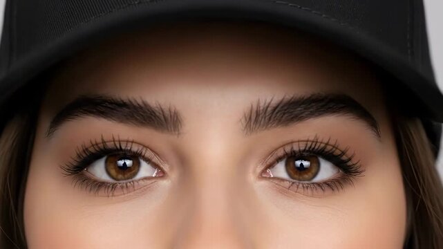 A woman wearing a black baseball cap shows her brown eyes
