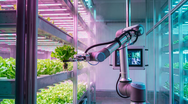 Automated robotic arm handling lettuce in modern indoor hydroponic farm with LED grow lights and lush green plants in a futuristic vertical farming facility
