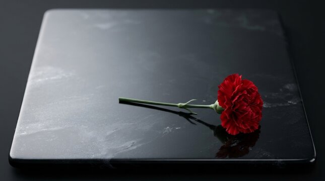 Red Carnation on Silver Obsidian: A single red carnation with a green stem lying horizontally on a dark, reflective obsidian or metallic surface against a moody background.