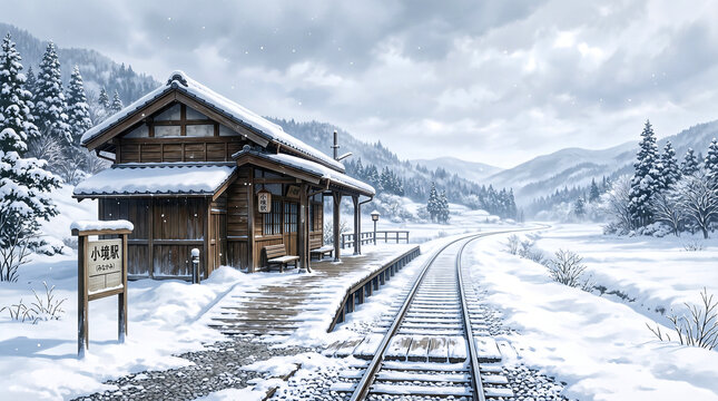 Beautiful anime style digital art of a rustic wooden railway station platform blanketed in thick snow under an overcast winter sky.
