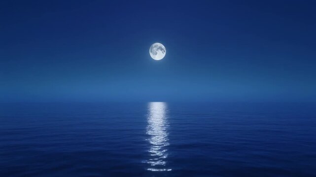  Blue hour ocean scene just after sunset, deep cobalt sky blending with calm sea, soft silver moon reflection on water surface, long lens cinematic compression