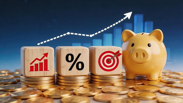 Financial growth concept with piggy bank, coins, and rising graph on wooden blocks, symbolizing savings, investment goals, and wealth accumulation strategy.