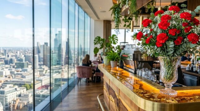 1. Title and Description
High-Rise City Cafe with Red Carnations: A large bouquet of red carnations sits on a glowing amber bar counter inside a modern luxury cafe, overlooking a panoramic city skylin