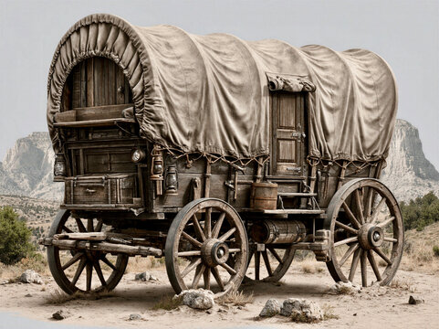 Wagon with a canvas cover parked on a dusty path in a rocky landscape during daylight hours in a rural setting