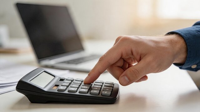 Close up of businessman finger pressing buttons on black calculator, accounting and tax calculation concept, financial planning budget analysis, office desk workspace with laptop