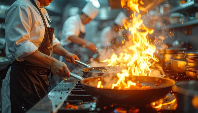 The photo captures the intense atmosphere of a professional kitchen, showing a chef performing the flamb&eacute; technique or cooking over high heat on a frying pan. The orange glow from the fire gives conk