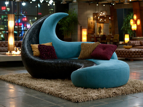 Unique modern couch in a stylish lounge setting at night with city lights in the background providing a vibrant atmosphere