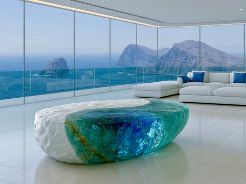 Large decorative stone table sits in a bright room with large windows showing a distant ocean and mountains in clear weather