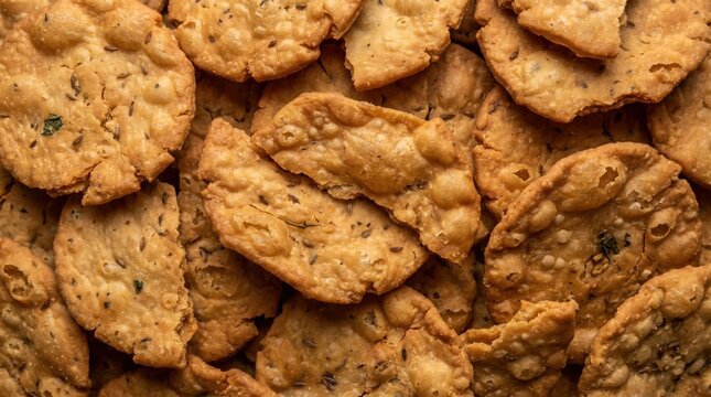 Crispy golden mathri snacks with cumin seeds arranged in a hearty pile for delicious traditional indian tea time refreshments and savory appetizer concepts