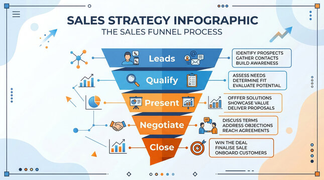 Sales strategy infographic illustrating the sales funnel process with leads, Qualify, Present, Negotiate, Close steps for business growth and success in high quality 4k