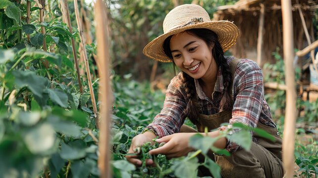 Smile Asian woman harvesting eggplants in a small farm food security concept.