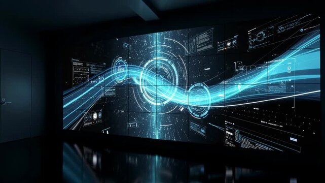 Futuristic digital technology interface with glowing blue data streams and holographic elements in dark room