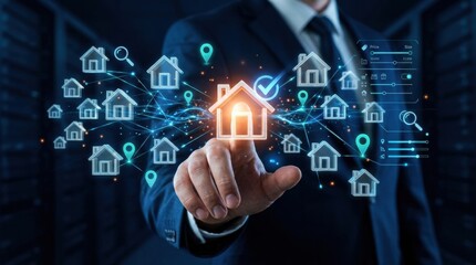 Obraz premium Digital Real Estate Management Concept with Virtual House Icons