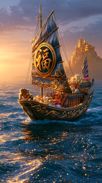 Ancient Chinese Junk Ship with Gold Treasures Sailing Home