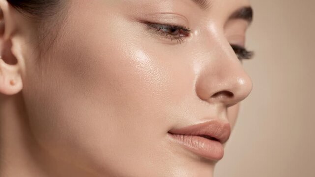 Close up of clear glowing skin on young woman face with natural makeup and soft lighting