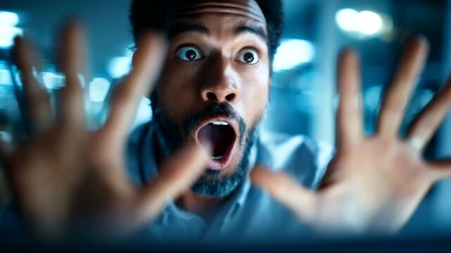 Surprised man reacting to unexpected news online