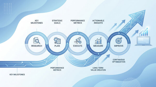 Business strategy and performance improvement process with five key steps for continuous optimization and long-term value creation in a 4k high quality visual