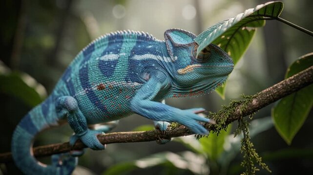 Close up of a blue chameleon climbing on a tree branch in a lush green forest