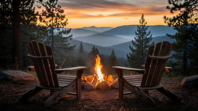Cozy campfire with wooden chairs overlooking misty mountain forest at sunset