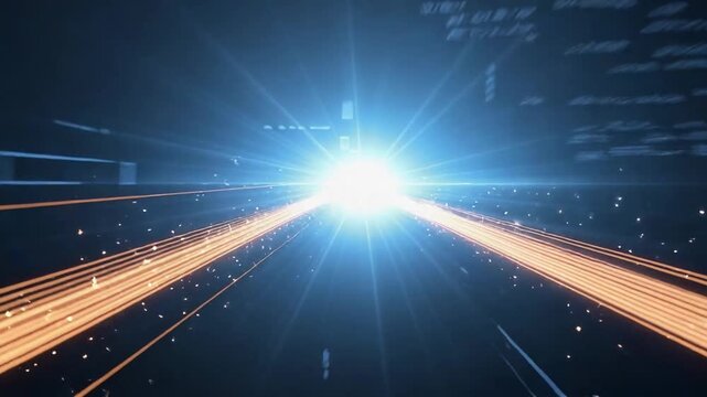 Futuristic glowing light trails with blue and orange energy streams in dark digital space
