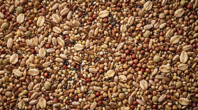 Healthy multigrain mix featuring assorted raw whole grains seeds and legumes displayed as a rich textured background for nutritional organic food concepts