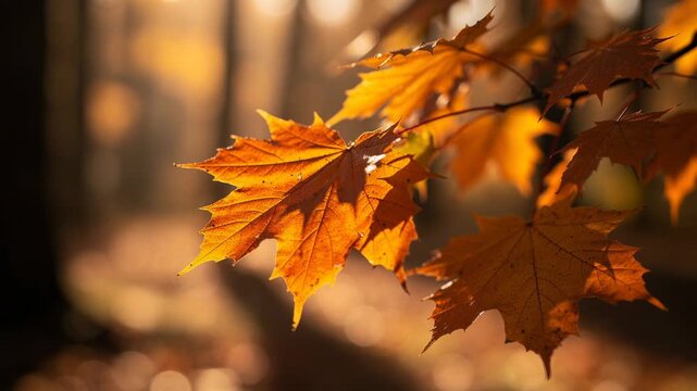 Close up of vibrant orange autumn leaves glowing in warm sunlight on a blurred natural background