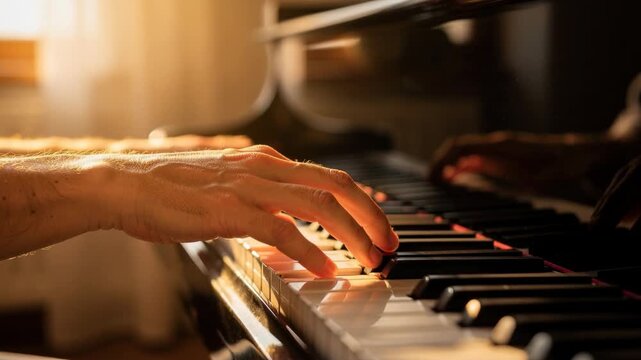 Close up of hands playing grand piano keys with warm natural light in cozy indoor setting