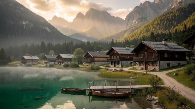 Peaceful mountain village with wooden cabins by a clear lake surrounded by forest and towering peaks at sunrise